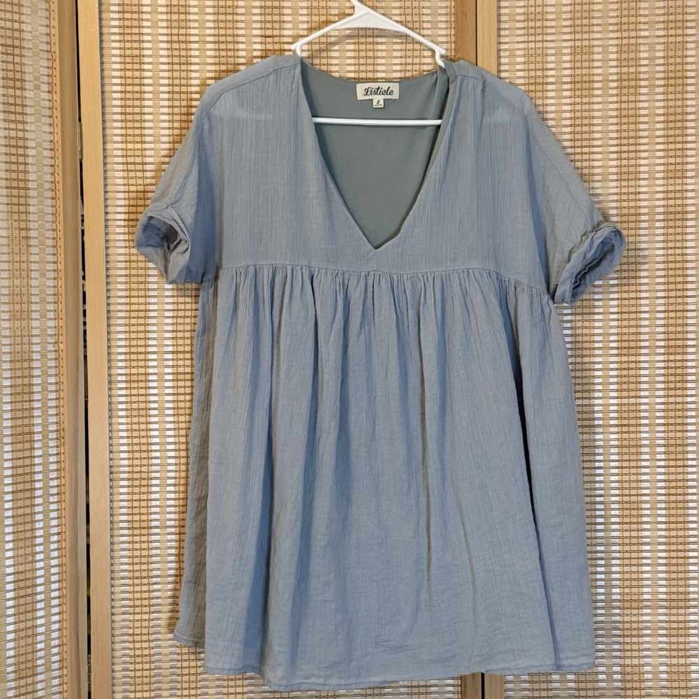 Listicle Womens S‎ Tunic Babydoll Blush Blue Short Sleeve Cottagecore Boho Lined